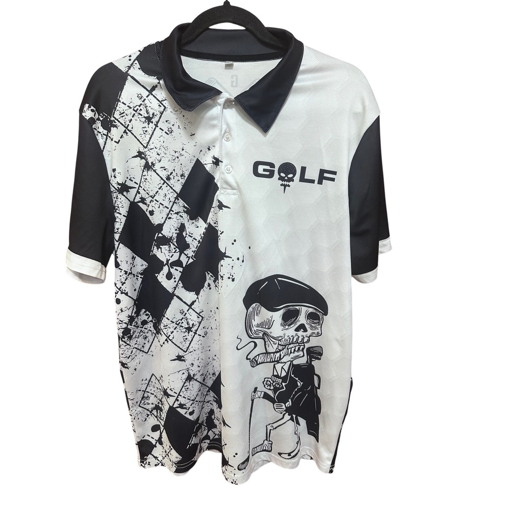 Mens Golf Polo Shirt Black White Skeleton Swing Swear Drink Repeat Graphic L
